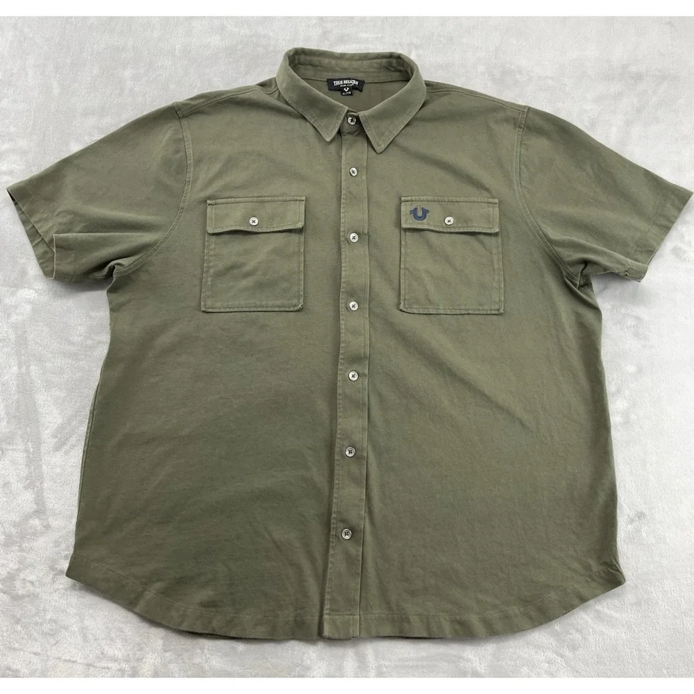 True Religion Triple Needle Knit Shirt Men XL Olive Two Chest Pocket Button Up